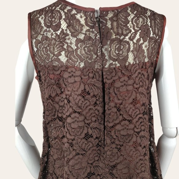 Vintage 1960s Brown Lace Cocktail Dress MOD MCM Tent Flare Satin Bow Lined M - Picture 10 of 12